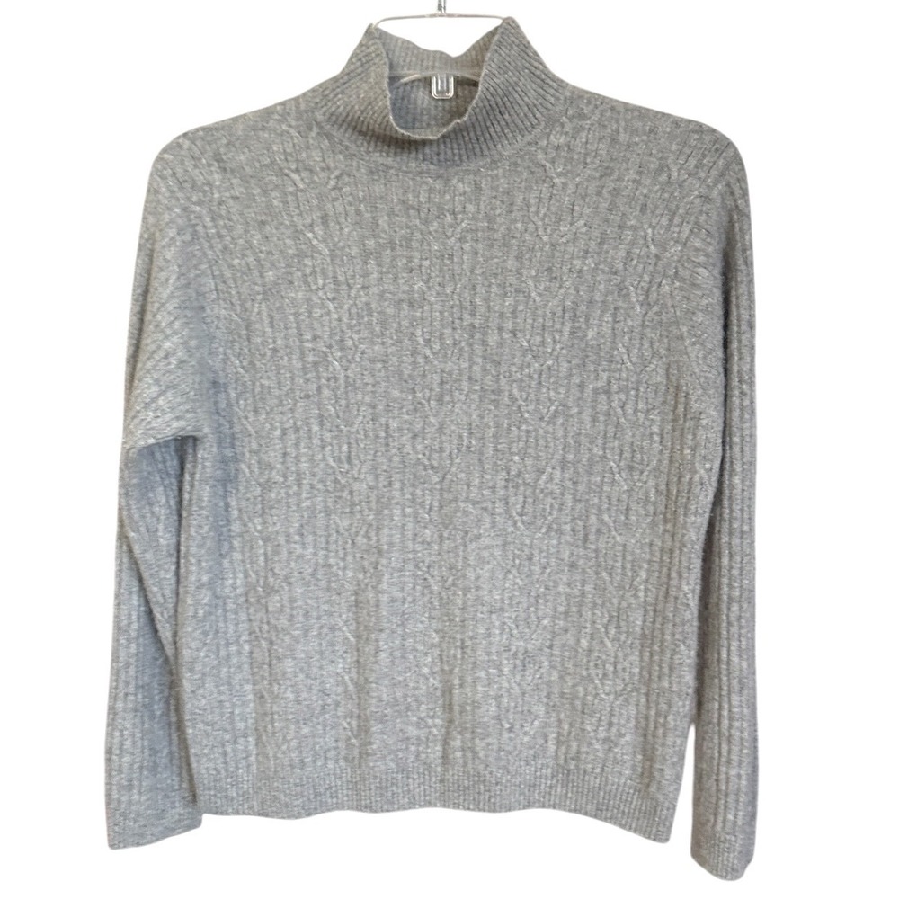Vintage Talbots Sweater L Gray 100% Cashmere Mock Neck Cable Knit Ribbed Luxury